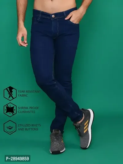 Stylish Navy Blue Denim Solid Mid-Rise Jeans For Men-thumb2