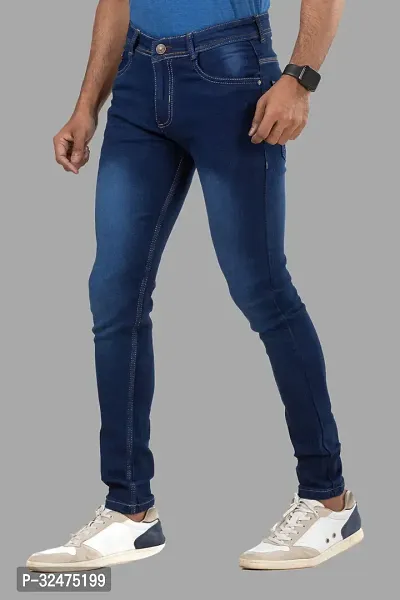 Comfortable Blue Denim Mid-Rise Jeans For Men