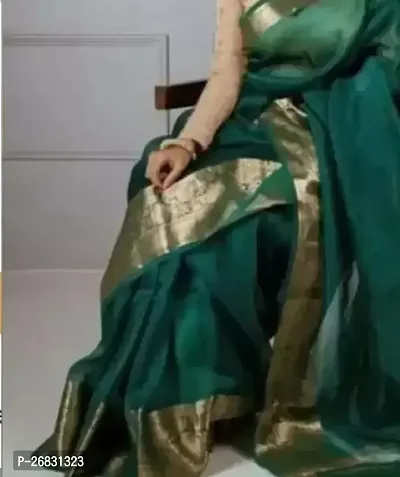 Elegant Green Organza Solid Partywear Saree with Blouse piece-thumb0