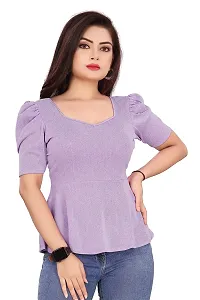 CRYSTON Women's Casual Lycra Blend V-Neck Puff Half Sleeves Solid, Stylish Peplum Top Crop Top (Pack of 1) (S, Lavender)-thumb3