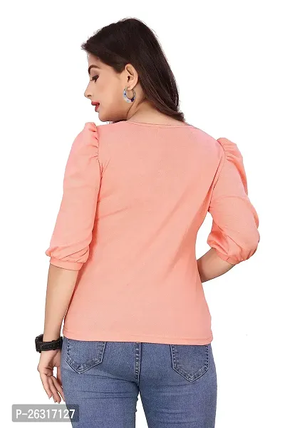 CRYSTON Fancy Sleeves T_Shirt for Girls Women Top Puff Sleeves Women Top Designer Women Top Asymmetric Neck Puff Sleeve for Girls and Womens (l, Peach)-thumb5