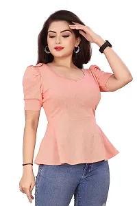 CRYSTON Women's Casual Lycra Blend V-Neck Puff Half Sleeves Solid, Stylish Peplum Top Crop Top (Pack of 1) (S, Peach)-thumb3