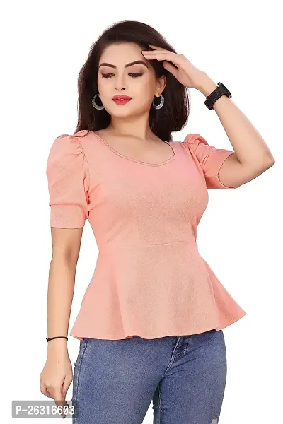 CRYSTON Women's Casual Lycra Blend V-Neck Puff Half Sleeves Solid, Stylish Peplum Top Crop Top (Pack of 1) (S, Peach)-thumb4