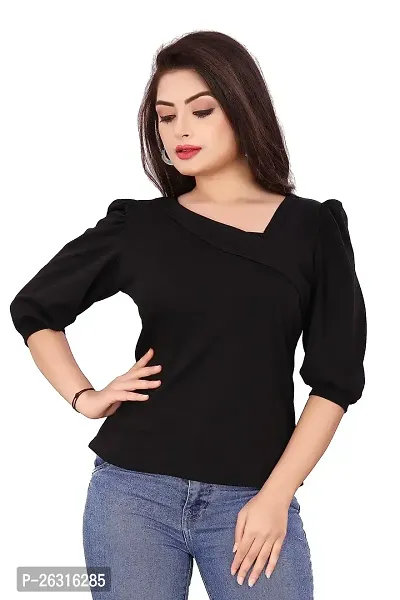 CRYSTON Women's Casual Lycra Blend Top Asymmetric Neck Puff Sleeves Women Top | Puff Sleeves Tops for Girl | Fancy Sleeves T_Shirt for Girls | Designer (Pack of 1) (M, Black)-thumb0