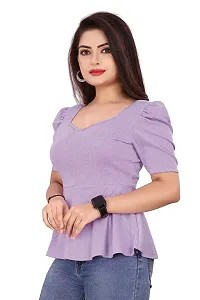 CRYSTON Women's Casual Lycra Blend V-Neck Puff Half Sleeves Solid, Stylish Peplum Top Crop Top (Pack of 1) (S, Lavender)-thumb1