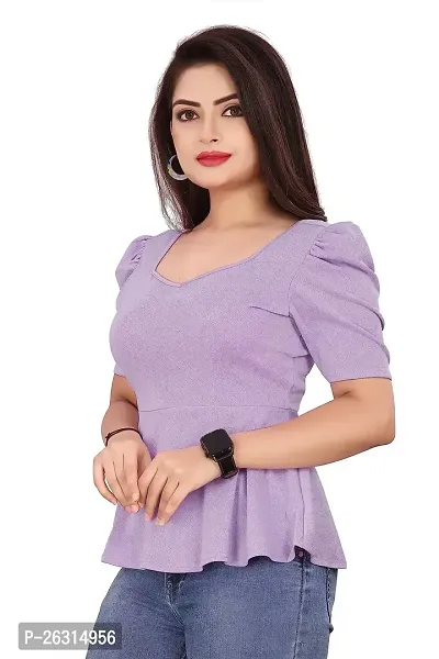 CRYSTON Women's Casual Lycra Blend V-Neck Puff Half Sleeves Solid, Stylish Peplum Top Crop Top (Pack of 1) (S, Lavender)-thumb2