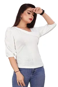 CRYSTON Women's Casual Lycra Blend Top Asymmetric Neck Puff Sleeves Women Top | Puff Sleeves Tops for Girl | Fancy Sleeves T_Shirt for Girls | Designer (Pack of 1) (L, White)-thumb1