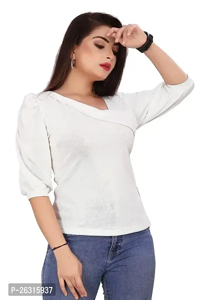 CRYSTON Women's Casual Lycra Blend Top Asymmetric Neck Puff Sleeves Women Top | Puff Sleeves Tops for Girl | Fancy Sleeves T_Shirt for Girls | Designer (Pack of 1) (L, White)-thumb2
