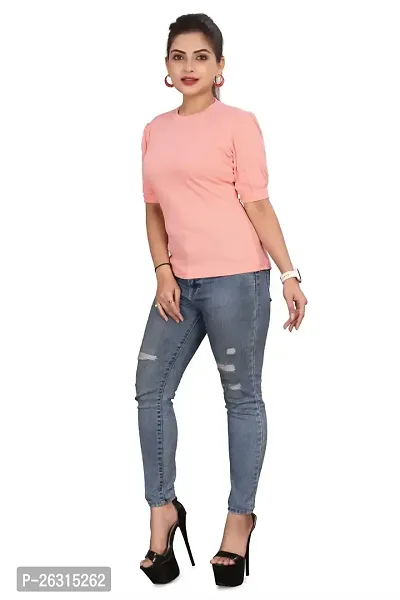 CRYSTON Women's Top for Casual Wear, Round Neck with Solid Pattern, Puff Sleeves with Half Sleeve, Lycra Blend Top, Slim Fit for Everyday wear (Pack of 1)-thumb2
