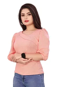 CRYSTON Women's Casual Lycra Blend Top Asymmetric Neck Puff Sleeves Women Top | Puff Sleeves Tops for Girl | Fancy Sleeves T_Shirt for Girls | Designer (Pack of 1) (XL, Peach)-thumb3