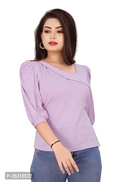 CRYSTON Women's Casual Lycra Blend Top Asymmetric Neck Puff Sleeves Women Top | Puff Sleeves Tops for Girl | Fancy Sleeves T_Shirt for Girls | Designer (Pack of 1) (M, Lavender)