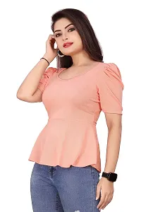 CRYSTON Women's Casual Lycra Blend V-Neck Puff Half Sleeves Solid, Stylish Peplum Top Crop Top (Pack of 1) (S, Peach)-thumb4