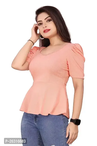 CRYSTON Women's Casual Lycra Blend V-Neck Puff Half Sleeves Solid, Stylish Peplum Top Crop Top (Pack of 1) (S, Peach)-thumb5