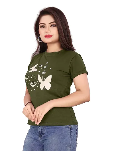 CRYSTON Women's Regular Graphic Printed Butterfly Design Cotton Blend Round Neck Half Sleeves T Shirt Trending,Tops for Women: Stylish Latest T-Shirts (Pack of 1)