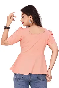 CRYSTON Women's Casual Lycra Blend V-Neck Puff Half Sleeves Solid, Stylish Peplum Top Crop Top (Pack of 1) (S, Peach)-thumb5