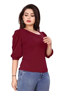 CRYSTON Fancy Sleeves T_Shirt for Girls Women Top Puff Sleeves Women Top Designer Women Top Asymmetric Neck Puff Sleeve fency top for Girls and Womens (l, Maroon)-thumb2