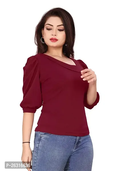 CRYSTON Fancy Sleeves T_Shirt for Girls Women Top Puff Sleeves Women Top Designer Women Top Asymmetric Neck Puff Sleeve fency top for Girls and Womens (l, Maroon)-thumb3