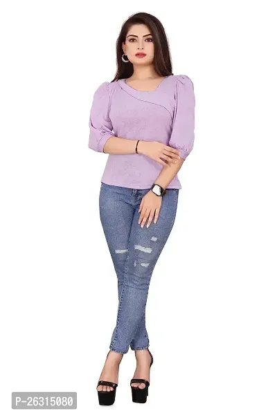 CRYSTON Fancy Sleeves T_Shirt for Girls Women Top Puff Sleeves Women Top Designer Women Top Asymmetric Neck Puff Sleeve for Girls and Womens (l, Lavender)-thumb0