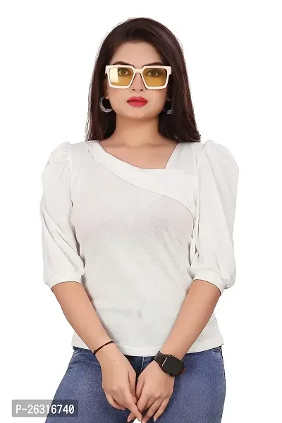 CRYSTON Fancy Sleeves T_Shirt for Girls Women Top Puff Sleeves Women Top Designer Women Top Asymmetric Neck Puff Sleeve for Girls and Womens (s, White)-thumb0