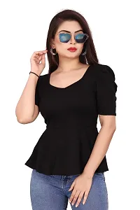 CRYSTON Women's Casual Lycra Blend V-Neck Puff Half Sleeves Solid, Stylish Peplum Top Crop Top (Pack of 1)-thumb2