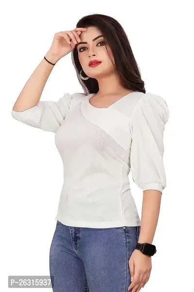 CRYSTON Women's Casual Lycra Blend Top Asymmetric Neck Puff Sleeves Women Top | Puff Sleeves Tops for Girl | Fancy Sleeves T_Shirt for Girls | Designer (Pack of 1) (L, White)-thumb0