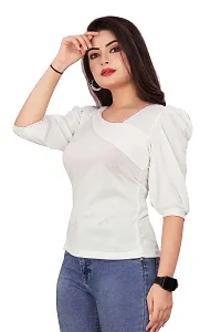 CRYSTON Women's Casual Lycra Blend Top Asymmetric Neck Puff Sleeves Women Top | Puff Sleeves Tops for Girl | Fancy Sleeves T_Shirt for Girls | Designer (Pack of 1) (L, White)-thumb2