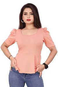 CRYSTON Women's Casual Lycra Blend V-Neck Puff Half Sleeves Solid, Stylish Peplum Top Crop Top (Pack of 1) (S, Peach)-thumb2