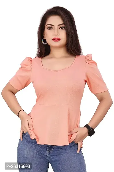 CRYSTON Women's Casual Lycra Blend V-Neck Puff Half Sleeves Solid, Stylish Peplum Top Crop Top (Pack of 1) (S, Peach)-thumb3