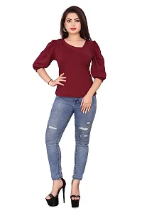 CRYSTON Fancy Sleeves T_Shirt for Girls Women Top Puff Sleeves Women Top Designer Women Top Asymmetric Neck Puff Sleeve fency top for Girls and Womens (l, Maroon)-thumb1