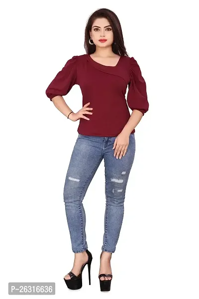 CRYSTON Fancy Sleeves T_Shirt for Girls Women Top Puff Sleeves Women Top Designer Women Top Asymmetric Neck Puff Sleeve fency top for Girls and Womens (l, Maroon)-thumb2