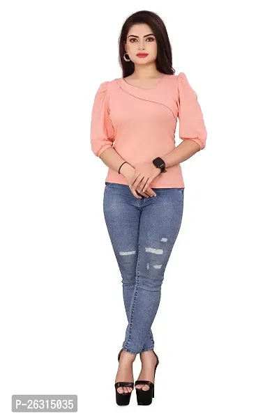 CRYSTON Women's Casual Lycra Blend Top Asymmetric Neck Puff Sleeves Women Top | Puff Sleeves Tops for Girl | Fancy Sleeves T_Shirt for Girls | Designer (Pack of 1) (XL, Peach)-thumb0