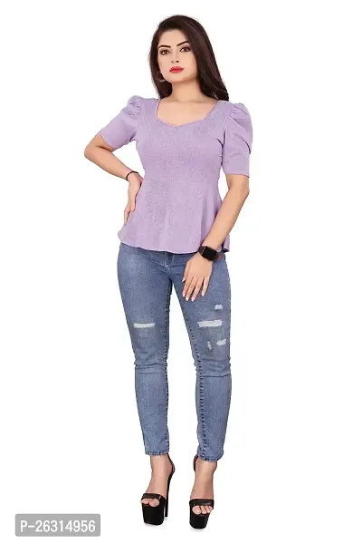 CRYSTON Women's Casual Lycra Blend V-Neck Puff Half Sleeves Solid, Stylish Peplum Top Crop Top (Pack of 1) (S, Lavender)-thumb0