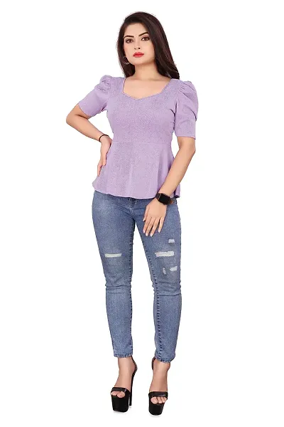 CRYSTON Women's Casual Lycra Blend V-Neck Puff Half Sleeves Solid, Stylish Peplum Top Crop Top (Pack of 1) (S, Lavender)