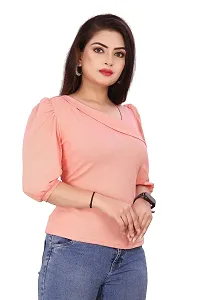 CRYSTON Women's Casual Lycra Blend Top Asymmetric Neck Puff Sleeves Women Top | Puff Sleeves Tops for Girl | Fancy Sleeves T_Shirt for Girls | Designer (Pack of 1) (XL, Peach)-thumb2