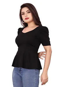 CRYSTON Women's Casual Lycra Blend V-Neck Puff Half Sleeves Solid, Stylish Peplum Top Crop Top (Pack of 1)-thumb5