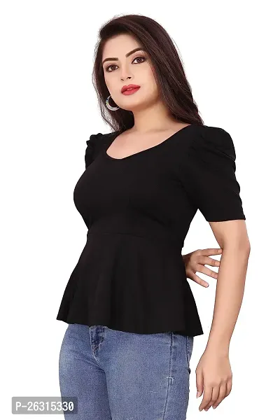 CRYSTON Women's Casual Lycra Blend V-Neck Puff Half Sleeves Solid, Stylish Peplum Top Crop Top (Pack of 1)-thumb6