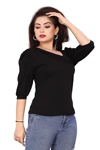 CRYSTON Women's Casual Lycra Blend Top Asymmetric Neck Puff Sleeves Women Top | Puff Sleeves Tops for Girl | Fancy Sleeves T_Shirt for Girls | Designer (Pack of 1) (M, Black)-thumb2