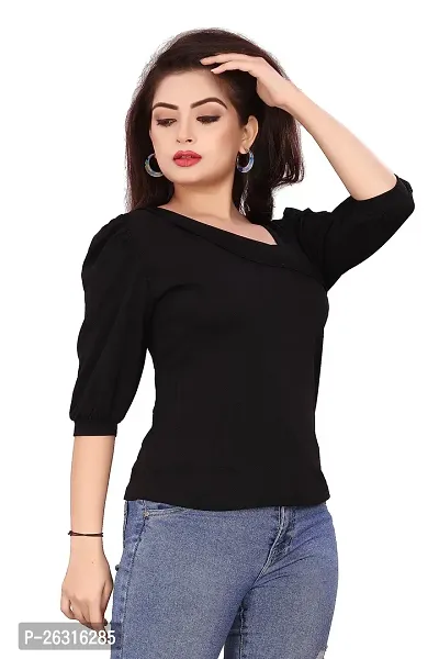 CRYSTON Women's Casual Lycra Blend Top Asymmetric Neck Puff Sleeves Women Top | Puff Sleeves Tops for Girl | Fancy Sleeves T_Shirt for Girls | Designer (Pack of 1) (M, Black)-thumb3