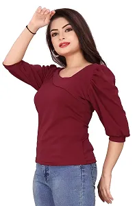 CRYSTON Fancy Sleeves T_Shirt for Girls Women Top Puff Sleeves Women Top Designer Women Top Asymmetric Neck Puff Sleeve fency top for Girls and Womens (l, Maroon)-thumb3