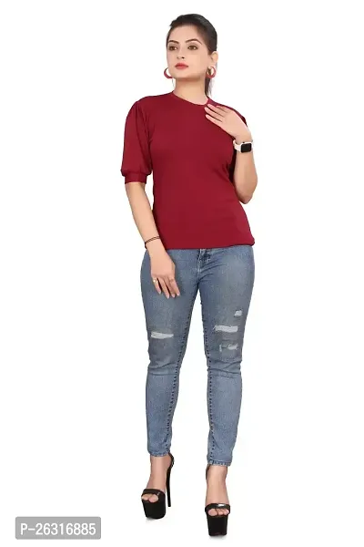 CRYSTON Women's Top for Casual Wear, Round Neck with Solid Pattern, Puff Sleeves with Half Sleeve, Lycra Blend Top, Slim Fit for Everyday wear (Pack of 1)