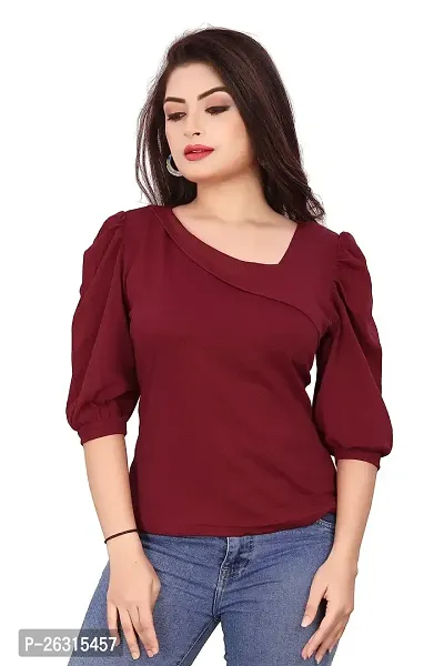 CRYSTON Women's Casual Lycra Blend Top Asymmetric Neck Puff Sleeves Women Top | Puff Sleeves Tops for Girl | Fancy Sleeves T_Shirt for Girls | Designer (Pack of 1) (S, Maroon)