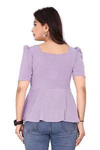 CRYSTON Women's Casual Lycra Blend V-Neck Puff Half Sleeves Solid, Stylish Peplum Top Crop Top (Pack of 1) (S, Lavender)-thumb2