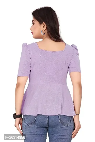 CRYSTON Women's Casual Lycra Blend V-Neck Puff Half Sleeves Solid, Stylish Peplum Top Crop Top (Pack of 1) (S, Lavender)-thumb3