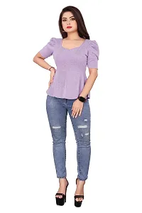 CRYSTON Women's Casual Lycra Blend V-Neck Puff Half Sleeves Solid, Stylish Peplum Top Crop Top (Pack of 1) (S, Lavender)-thumb4