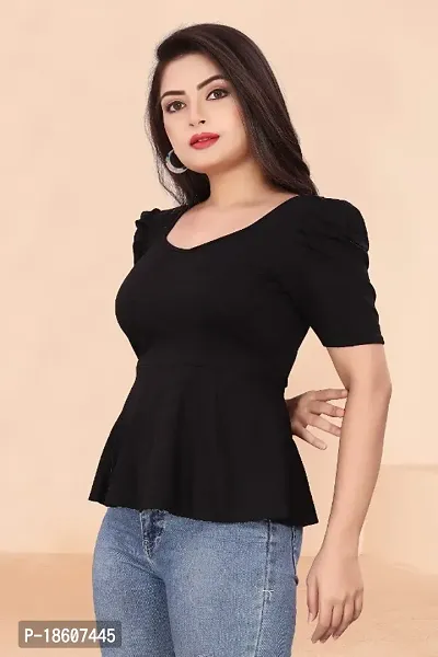 Casual Lycra Blend V-neck Puff Half Sleeves Solid Black Color Regular Western Wear Crop Top for Womenrsquo;s And Girls-thumb0