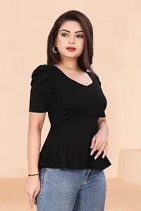 Casual Lycra Blend V-neck Puff Half Sleeves Solid Black Color Regular Western Wear Crop Top for Womenrsquo;s And Girls-thumb1