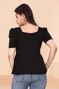 Casual Lycra Blend V-neck Puff Half Sleeves Solid Black Color Regular Western Wear Crop Top for Womenrsquo;s And Girls-thumb2