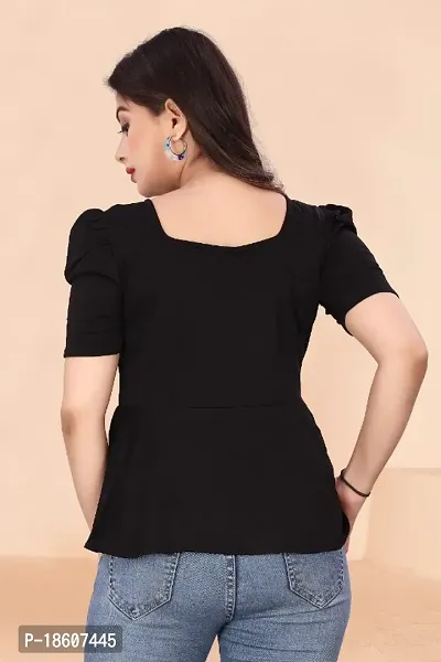 Casual Lycra Blend V-neck Puff Half Sleeves Solid Black Color Regular Western Wear Crop Top for Womenrsquo;s And Girls-thumb3