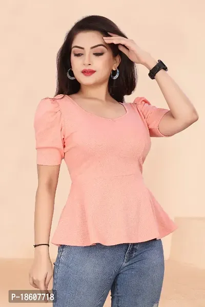 Casual Lycra Blend V-neck Puff Half Sleeves Solid Peach Color Regular Western Wear Crop Top for Womenrsquo;s And Girls-thumb0