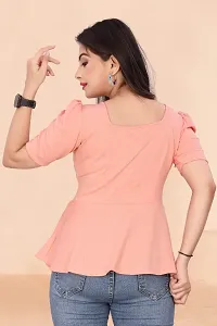 Casual Lycra Blend V-neck Puff Half Sleeves Solid Peach Color Regular Western Wear Crop Top for Womenrsquo;s And Girls-thumb1